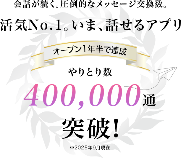 会話が続く。圧倒的なメッセージ交換数。活気No.1。いま、話せるアプリ　オープン1年で達成!!やり取り数300,000通突破！